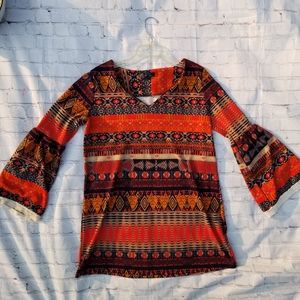 Miin large orange Aztec bell sleeve tunic